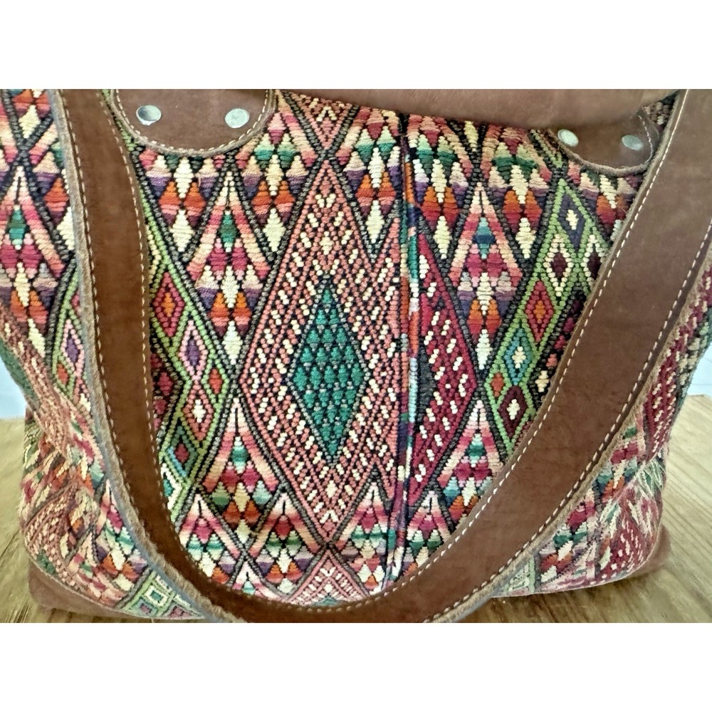 Vintage Guatemalan Artisan Handmade Woven Cotton Huipil & Leather Bag Oversized - Picture 4 of 13